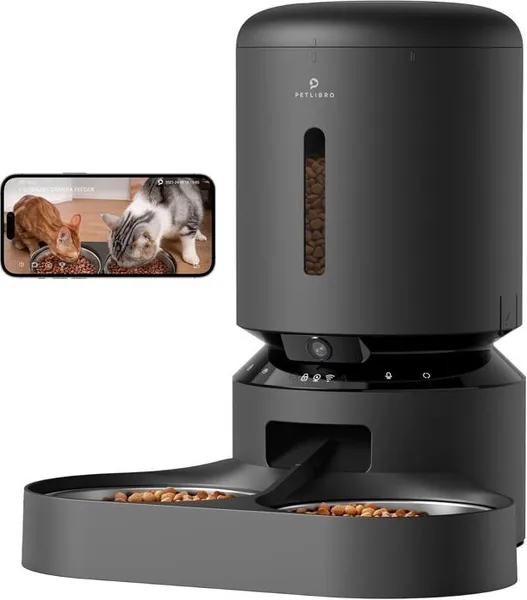 Distributeur Croquettes 2 Chat avec 1080P Camera, 5G et 2.4G WiFi Mangeoire Automatique pour Animaux avec Bols en Acier Inoxydable