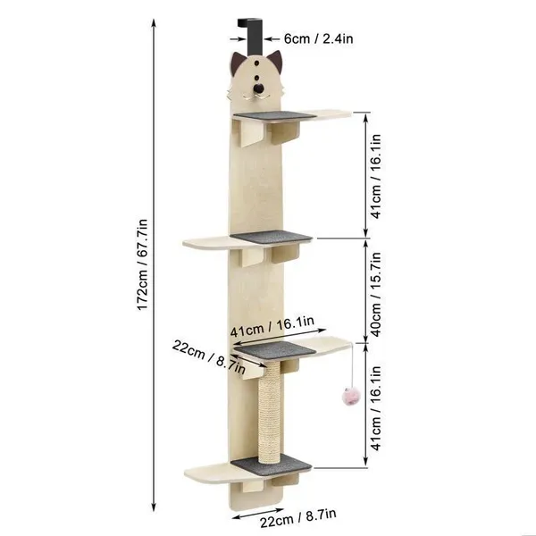 Arbre à chat vertical à 4 niveaux étagères à suspendre à la porte avec griffoir tapis balle à gratter pour chat dintérieur