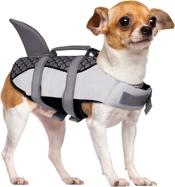 Gilet de Sauvetage pour Chien Requin, Gilet de Flottation avec Poignée et Réfléchissant pour Petit Grand Chien, Gris, S