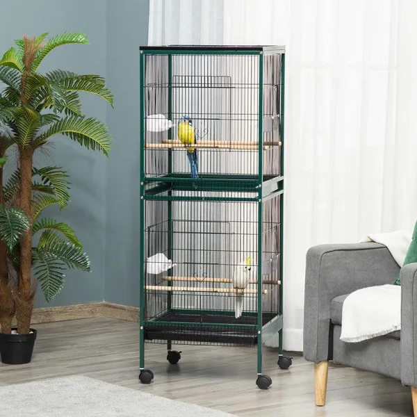Grande Cage à Oiseaux sur pied double avec mangeoires perchoirs plateau amovible roulettes - Dim. 515L x 50l x 140H cm