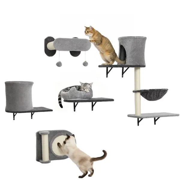 Étagères murales pour chat arbre à chat mural 5 pièces 2 niches hamac plateformes griffoirs en sisal gris