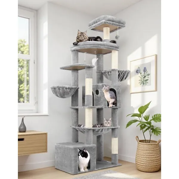 Arbre à chat XXL - HOLISANE - 193 cm - 2 grandes niches - Hamac 50x40 cm - Pour 3-5 grands chats