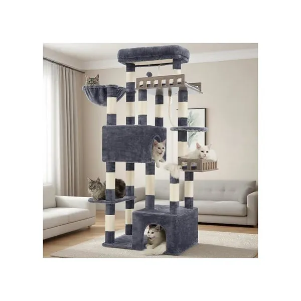 Arbre à chat - HOLISANE - 174 cm - Gris foncé - 2 perchoirs en bois - 15 poteaux à griffer