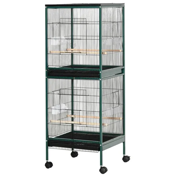 Grande Cage à Oiseaux sur pied double avec mangeoires perchoirs plateau amovible roulettes - Dim. 515L x 50l x 140H cm