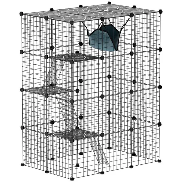 Cage pour chat dintérieur parc pour chat en acier à 4 niveaux DIY avec 5 portes hamac 1-3 chats 105 x 70 x 140 cm noir
