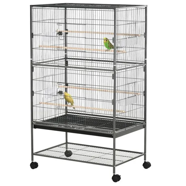 Cage à oiseaux sur pied volière oiseaux intérieur 4 perchoirs en bois et mangeoires fil dacier gris foncé