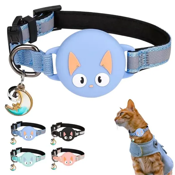 Collier Chat Airtag avec Accessoire Compatible avec Apple Airtag, Réfléchissant, Anti-Étranglement, Réglable - Bleu