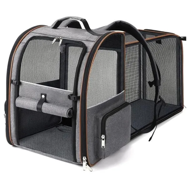 Sac Transport Chat avec 4 Entrées | pour Chien, Respirant - Sac a Dos avec Harnais Intérieur - Charge Maximale 8kg - Gris