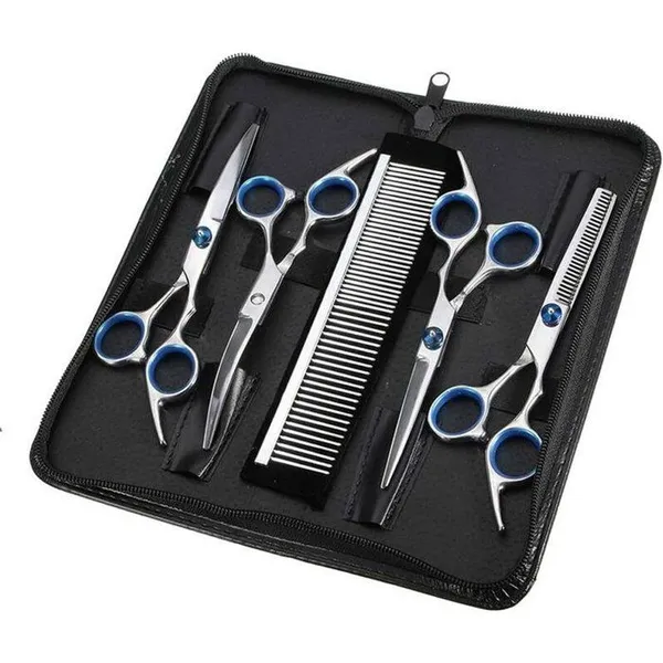 Ciseaux de toilettage chien 5-en-1 acier inoxydable coupe précise corps et oreilles bleu et argent