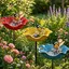 Piquet de jardin décoratif en métal (motif fleur) faisant office de bain doiseaux et dabreuvoir pour abeilles