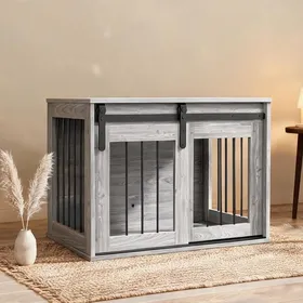 Comparer les prix de Cage pour chien design gris effet bois en acier et panneau de particules porte coulissante plateau supérieur pour intérieur 80