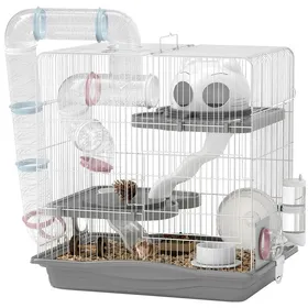 Meilleurs prix pour Cage à hamster à 3 niveaux et 14 tubes avec maisonnette rampe et accessoires en métal et plastique 45 x 30 x 45 cm grise