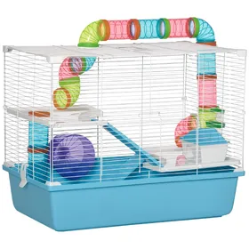 Comparer les prix de Cage à hamsters 3 niveaux - tunnel, abreuvoir, roue, maisonnette, échelles - dim. 59L x 36l x 47H cm - métal PP bleu blanc