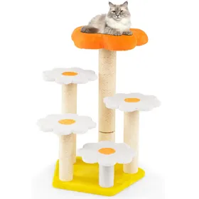 Comparer les prix de CostwayArbre à Chat Fleur Mignon pour Chats d'Intérieur avec Perchoir en Peluche Confortable Poteaux à Gratter en Sisal Plates-formes de Saut Jaune