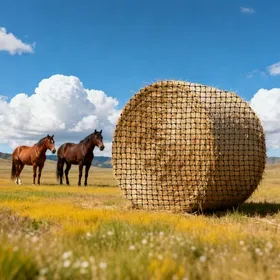 Comparer les prix de VEVOR Filet à Foin Balle Ronde 1,5x1,5x1,5 m Filet Balle Foin Cheval Polyéthylène pour Alimentation Lente Chevaux, Maille 4,4 cm avec Attaches Autobloquantes Navette à Aiguilles Ficelle de Réparation