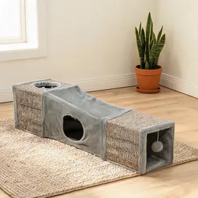 Meilleurs prix pour Tunnel pour chat avec abris intégrés en panneaux de particules effet sisal balle suspendue 98 x 30 x 30 cm gris