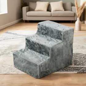 Meilleurs prix pour Escalier pour animaux à 3 marches en panneau de particules et peluche 46 x 35 x 35 cm gris clair charge 3 kg