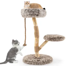 Comparer les prix de CostwayArbre à Chat Tour en Bois pour Chat avec Perchoir Centre d'Activité en Bois Massif pour Chat avec Poteaux à Gratter Corde en Jute Doux Marron