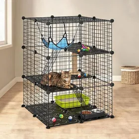 Comparer les prix de Cage pour chat intérieur en acier noir design modulaire personnalisable 70 x 70 x 105 cm 3 portes et hamac inclus