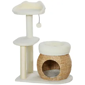 Meilleurs prix pour PawHut Arbre à Chat avec Maison, Balles de Jeu et Plateforme, Roseau/Sisal, jusqu'à 10 kg, 60 x 40 x 79 cm, Blanc crème