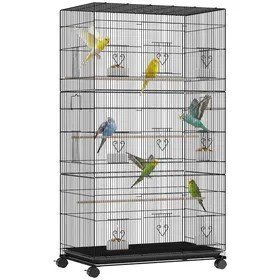 Meilleurs prix pour Grande cage à oiseaux - PawHut - sur roulettes plateau amovible portes perchoirs mangeoires - acier - 77x465x141cm - noir