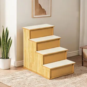 Comparer les prix de Escalier pour animaux 4 marches en bois MDF couleur organique naturelle tapis antidérapant amovible pour salon ou chambre