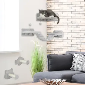 Meilleurs prix pour Arbre à chat mural 4 pièces, sisal, double plateforme, gris clair et crème