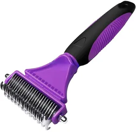 Comparer les prix de Brosse de toilettage en acier inoxydable pour animaux de compagnie, peigne à râteau double face pour perte et démêlage des poils de chien et de chat, dissolvant d'emmêlements violet