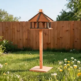 Comparer les prix de Mangeoire et abri pour oiseaux en bois naturel Ø52 x H130 cm – Station multifonctionnelle pour boire manger et se reposer