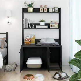 Comparer les prix de Meuble cache-litière pour chat noir 895 x 45 x 132 cm avec 3 étagères double porte MDF et métal