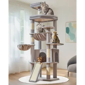 Meilleurs prix pour Arbre à Chat Haut 183cm pour Maine Coon - 5 Griffoirs Intégrés - Gris Clair