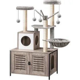 Comparer les prix de Arbre à chat avec maison de litière - LEVYS - Tour en bois - Bâton taquin amovible - Piliers en sisal - Gris