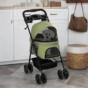 Meilleurs prix pour Poussette pliable 4 roues pour chien et chat avec panier de rangement et porte-gobelets en - Vert Acier 67 x 45 x 96 cm Ref AT276L