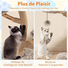 Comparer les prix de GIANTEX Arbre à Chat Design Naturel en Bois Massif Tronc en Poirier Solide Poteaux à Gratter en Jute & Balle Suspendue (90cm)