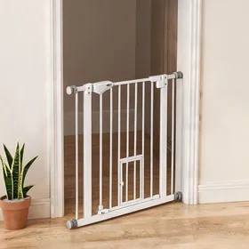 Meilleurs prix pour Barrière de sécurité pour chien à fixation par pression acier et plastique avec petite porte pour chat 74-80 cm