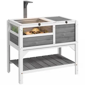 Comparer les prix de Maison enclos pour tortues - PawHut - sur pieds - avec étagère de rangement - en bois massif - intérieur et extérieur - gris clair