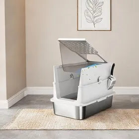 Meilleurs prix pour Gris clair and dimensions 60 Cat Litter Boxes with avec porte frontale et sortie supérieure