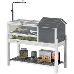 Meilleurs prix pour PawHut Maison pour tortue avec support de lampe, étagère, enclos pour divers petits animaux, bois, Gris