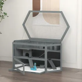 Meilleurs prix pour Cage Hexagonale 3 Niveaux 115x60x55cm Gris - Maison Bois Hamster/Souris - Couvercle Charnière Fenêtre Obs + Rampe