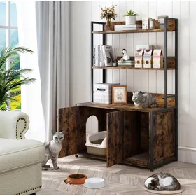 Meilleurs prix pour Meuble cache-litière chat marron 895 x 45 x 132 cm avec étagères double porte structure MDF et métal