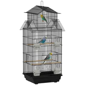 Comparer les prix de Cage à oiseaux - PawHut - design maison - mangeoires perchoirs portes plateau excrément amovible poignée transport - noir