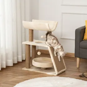 Meilleurs prix pour Arbre à chat naturel 76 cm avec jouets et panier - Griffe repos et jeu - 60x30x76 cm