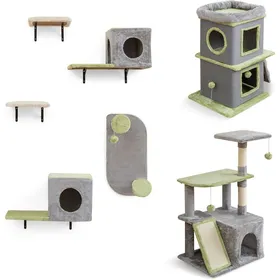 Comparer les prix de GOPLUS 3PCS Arbre à Chat Hauteur 94 CM Étagères Murales Poteau en Sisal Centre dActivités pour Chaton avec Surface en Peluche