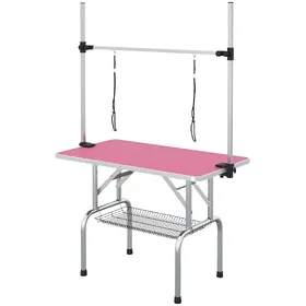 Meilleurs prix pour PawHut Table de toilettage canine pliante avec panier métallique Barre réglable en acier inoxydable 107x60x164 cm Rose