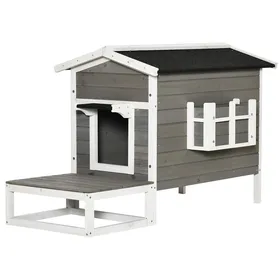 Meilleurs prix pour Niche pour chat résistant à l’eau pour extérieur construction robuste Durable et stable Sol élevé coloris gris et blanc