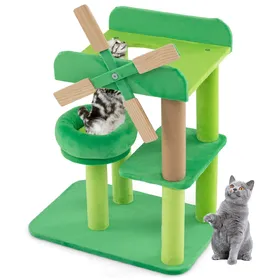 Comparer les prix de Arbre à Chat Multi-niveaux 60 cm COSTWAY, Moulin à Vent, Poteau à Gratter, Plateforme Ronde, Perchoir avec Baffles Anti-chute