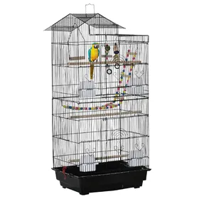 Comparer les prix de Cage à oiseaux volière dim. 46L x 36l x 100H cm - 4 mangeoires, 3 perchoirs, balançoire, 2 portes, 9 trappes, échelle, 2 jouets suspendus, plateau déjection - PP acier noir