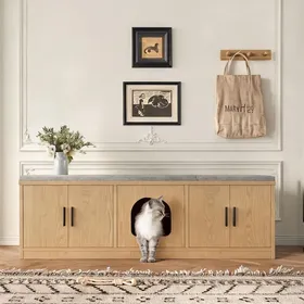 Comparer les prix de Meuble multifonction pour chat 140 x 40 x 455 cm panneau de particules cache-litière griffoir et rangement