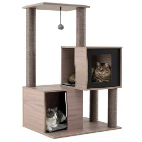 Comparer les prix de CostwayArbre à Chat pour Chats d'Intérieur Tour à Chat en Bois Multi-niveaux avec Poteaux à Gratter en Sisal Condos Perchoir Jouet Suspendu Gris