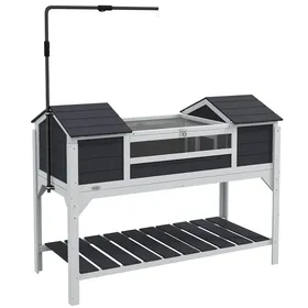 Meilleurs prix pour Terrarium Maison Tortue Terrestre - Enclos Tortue 2 Niches, Support Lampe Réglable, Toit Ouvrable, Étagère - Bois Blanc Gris